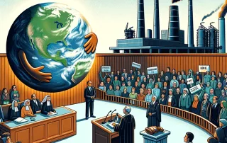 Illustrazione di un'aula di tribunale dove la Terra, personificata, presenta il suo caso contro le ciminiere industriali, con il sostegno di cittadini e organizzazioni ambientaliste in sfondo, simboleggiando la lotta legale contro il cambiamento climatico
