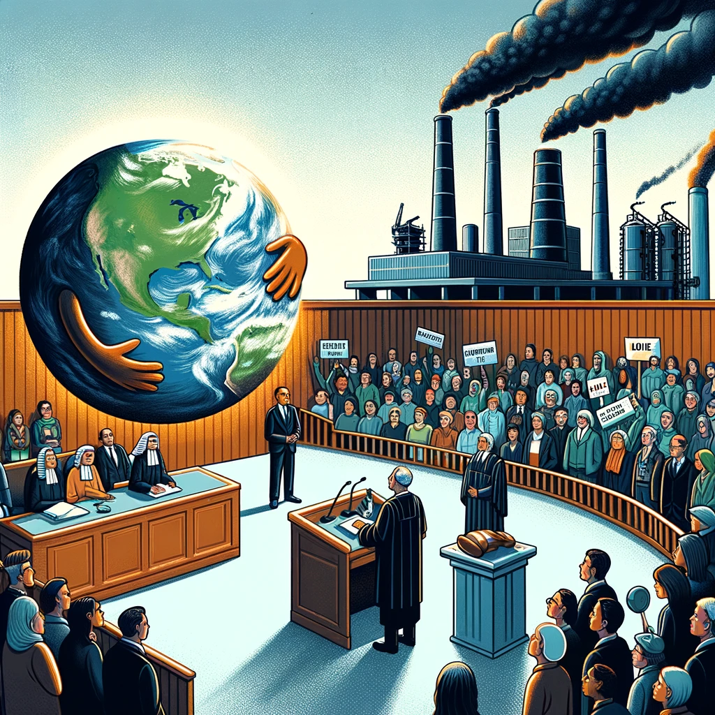 Illustrazione di un'aula di tribunale dove la Terra, personificata, presenta il suo caso contro le ciminiere industriali, con il sostegno di cittadini e organizzazioni ambientaliste in sfondo, simboleggiando la lotta legale contro il cambiamento climatico