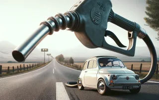 Una piccola auto italiana, come una classica Fiat 500, fatica a muoversi mentre trascina un'enorme pistola di una pompa di benzina, simboleggiando l'oppressivo peso delle tasse sui carburanti.