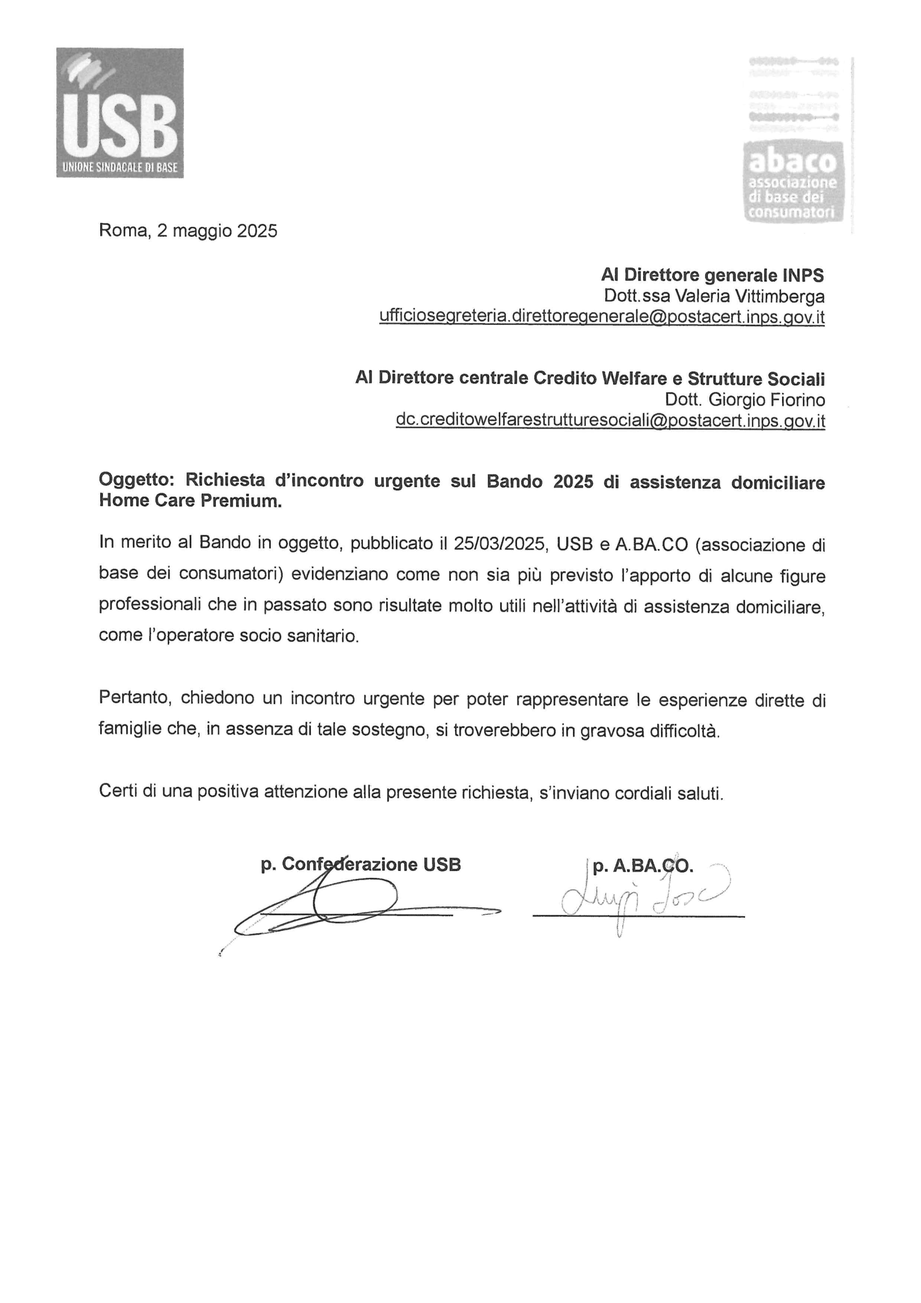 USB e ABACO richiesta incontro urgente bando 2025 assistenza domiciliare Home Care Premium