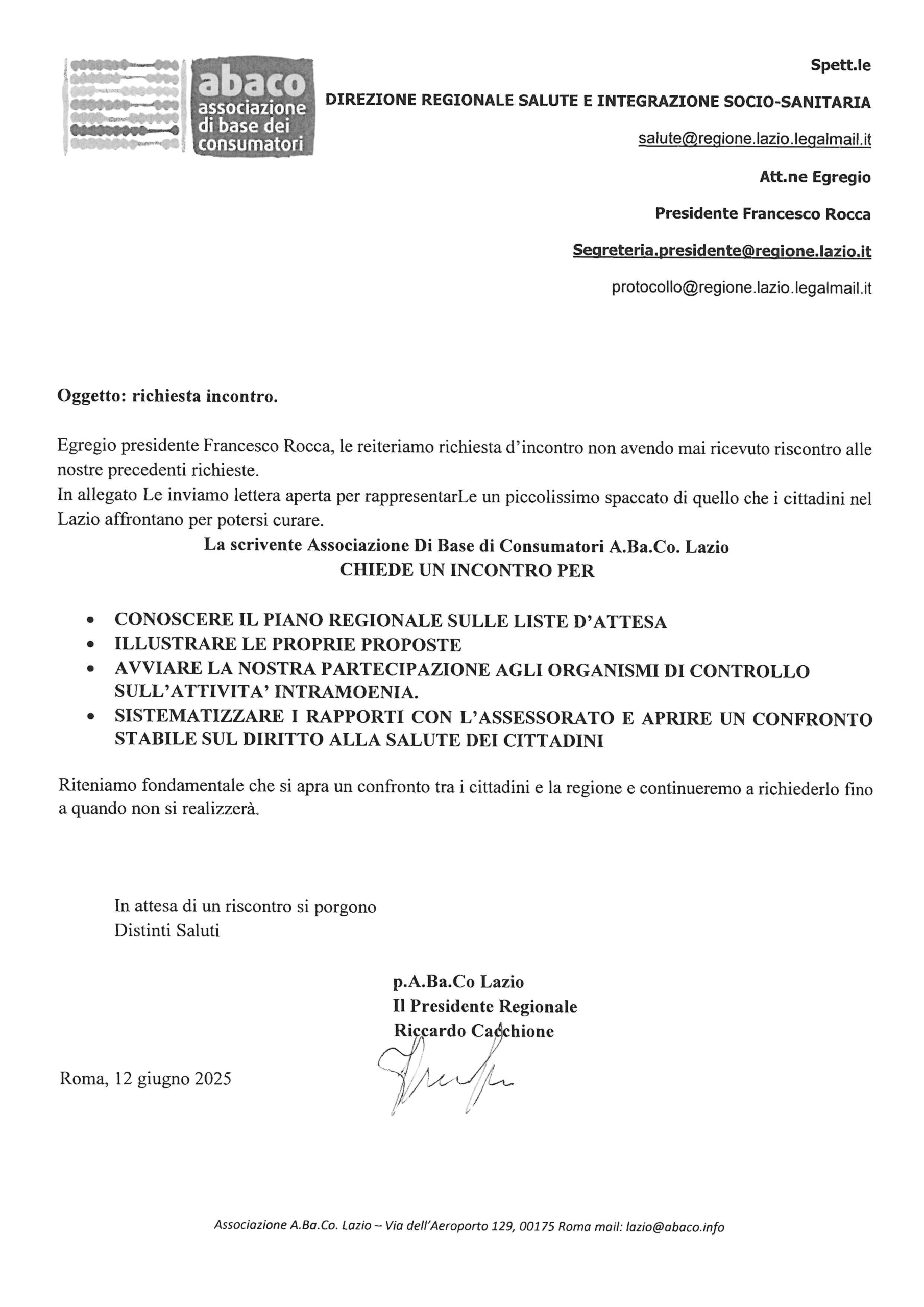 Richiesta Presidente Rocca